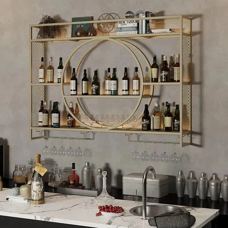 Armadietto da bar in metallo di lusso Porta spezie per vino Portabottiglie mobile sospeso aperto Barra di visualizzazione galleggiante per alcol Accessori da bar Para Hogar