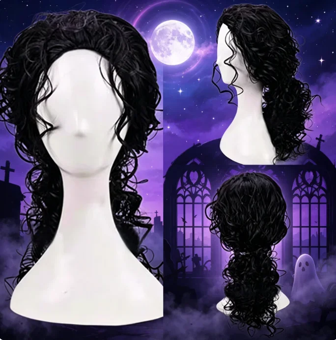 2026 Michael Jackson Cosplay Black Wig Michael Role Play Medium Long Curly Black Hair Pigtail Wig Halloween Cos Wigs + a wig cap