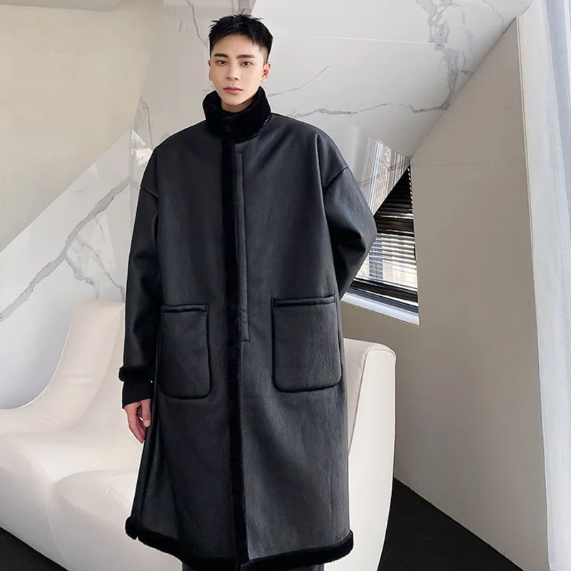 Winter Thickened Faux Fur Long Coat Trend Men's Dark Leather Woolen Overcoat Warm Plush Cotton Jackets Tide Clothing