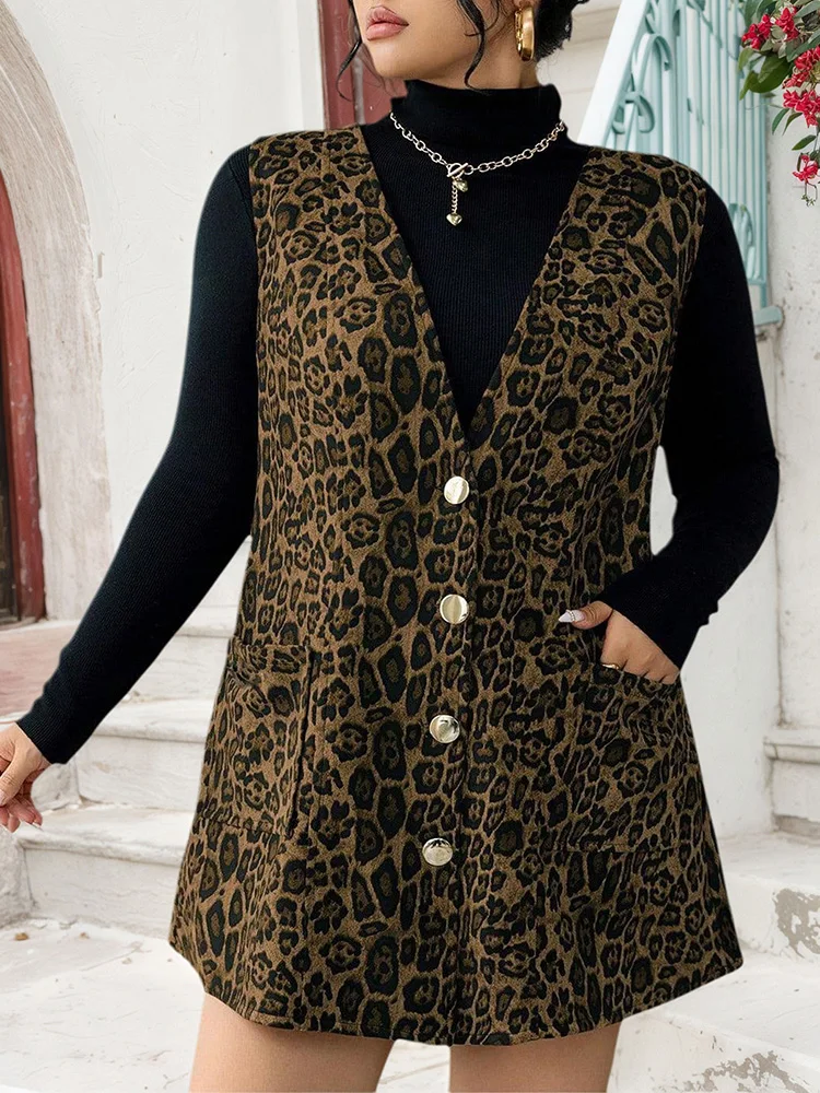 GIBSIE Plus Size Leopard Print Sleeveless Vest Dress Women 2025 Fashion V-Neck Single Breasted Loose Casual Autumn Short Dress