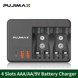 PUJIMAX 4-Slot Multi-purpose Battery Charger for 1.2V AA/AAA Ni-MH/Ni-Cd or 9V NiMH/Li-ion Rechargeable Batteries With AC Cable