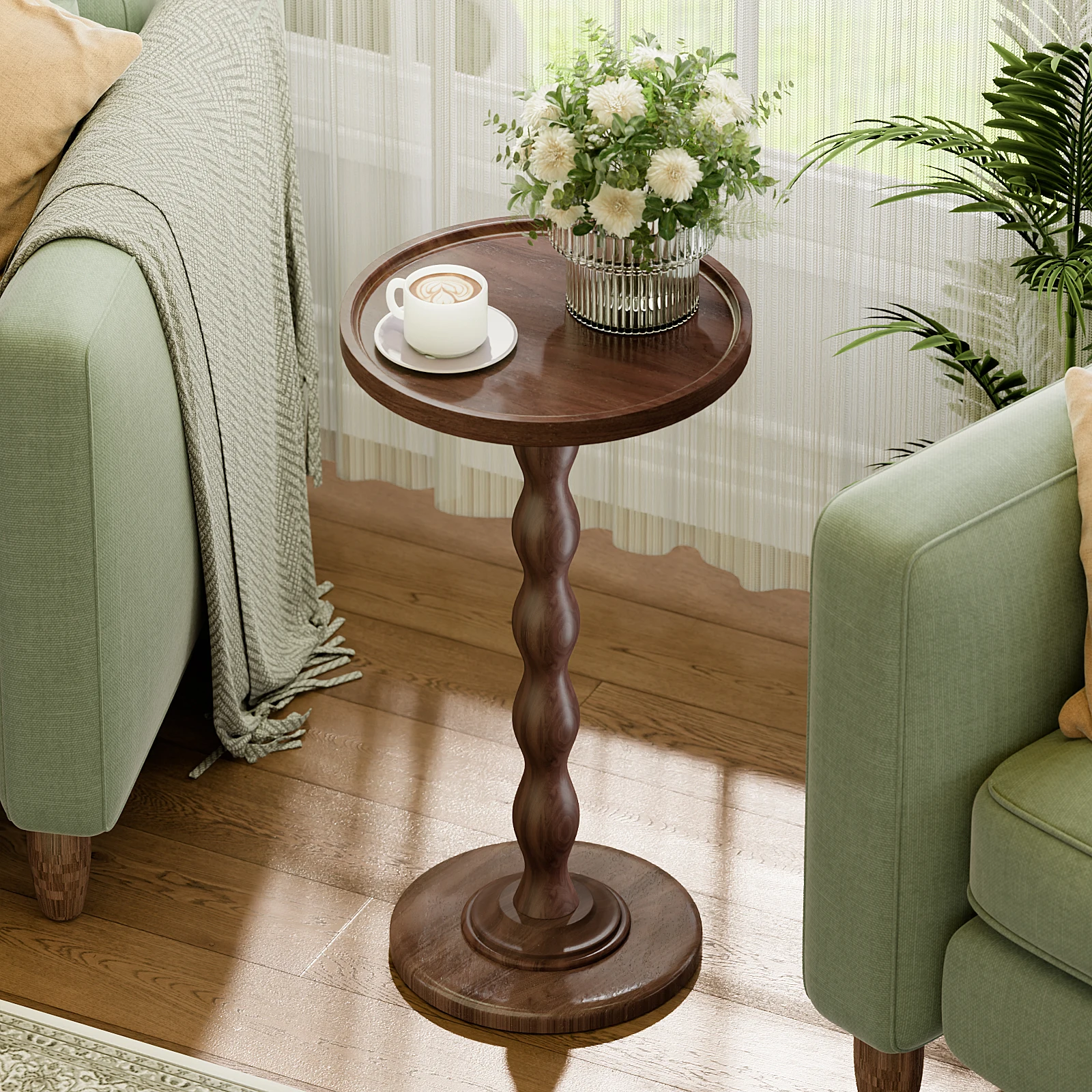 Retro Round Wooden Side Table Waterproof Nightstand for Bedroom Living Room Small Space