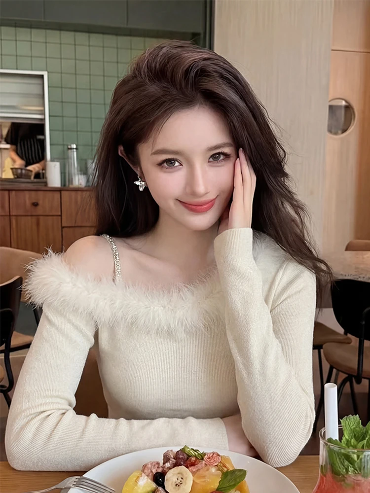 Ele – vêtements intérieurs tricotés blancs pour femmes, avec col en fourrure, Design asymétrique, printemps Faion