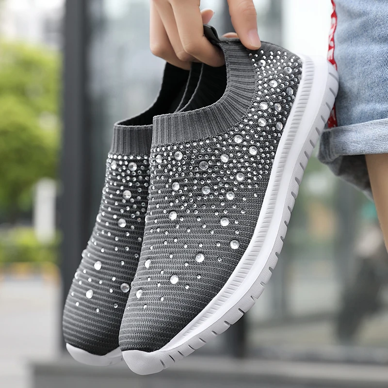 Women 2032 Summer Casual Rhinestone Shoes Ladies Vulcanized Shoes Bling Flat Loafers Slip On Sneaker Female Tenis Feminino