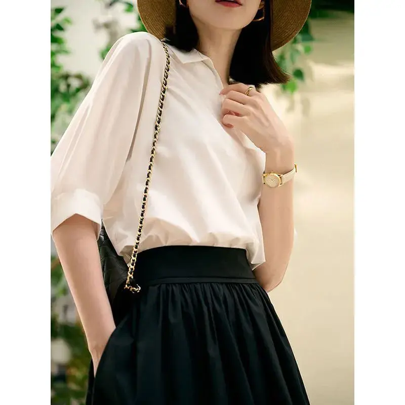 French Casual Versatile Thin White Short Sleeved Shirt Loose Stylish Fashion Office Lady Simplicity Elegant Pure Bright Easy