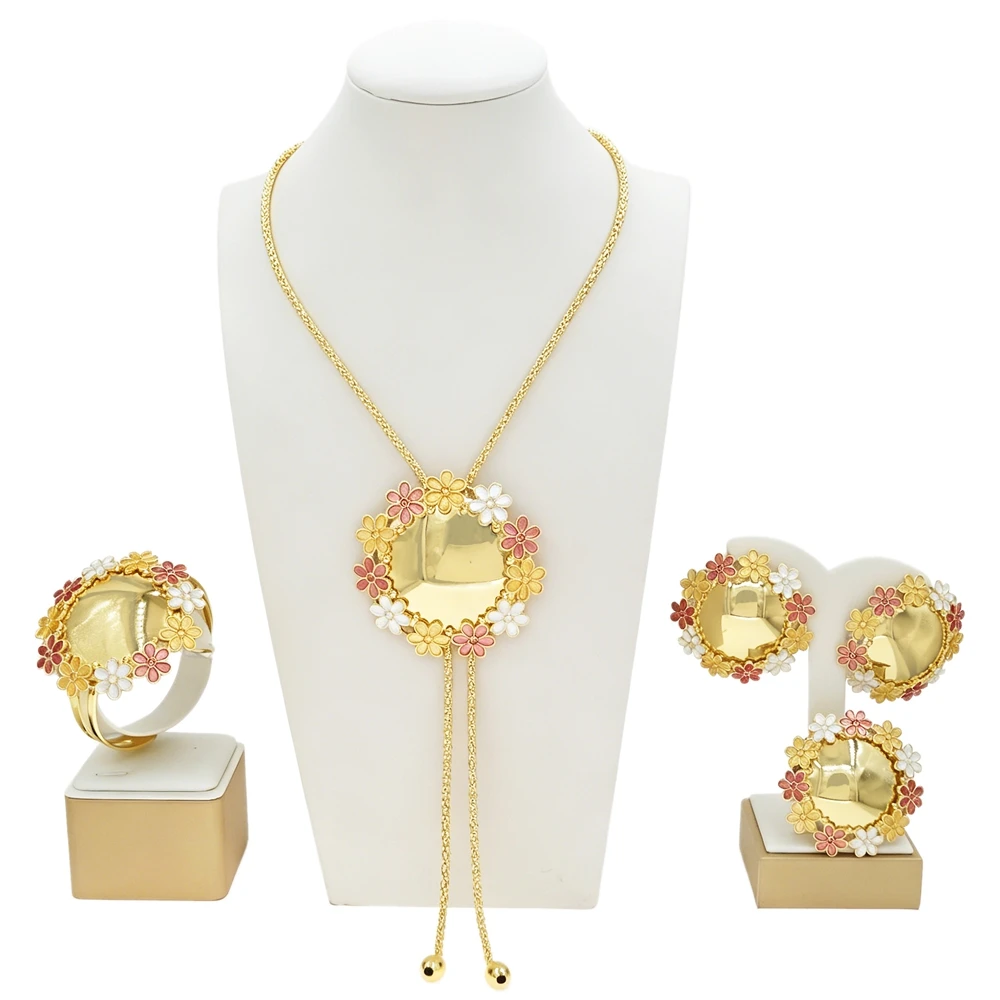 Vintage Multi Tone Enamel Floral Wreath Brazil Gold Set Round Frame Long Y Lariat 4 In 1 Statement Jewelry Set