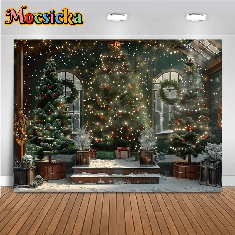 ฉากหลังต้นคริสต์มาสขนาดใหญ่สำหรับการถ่ายภาพโคมไฟบ้านกระท่อมไม้หิมะสีเขียวสำหรับตกแต่งพื้นหลังชอบถ่ายภาพสตูดิโอถ่ายภาพ