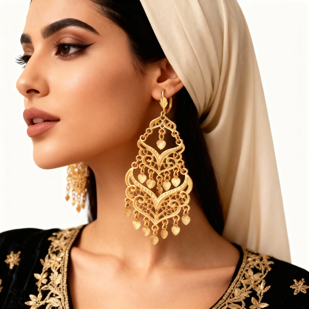 Gold Plated Algerian Bridal Drop Earring Women's Long Dangle Moon Shape Arabian Wedding Jewelry