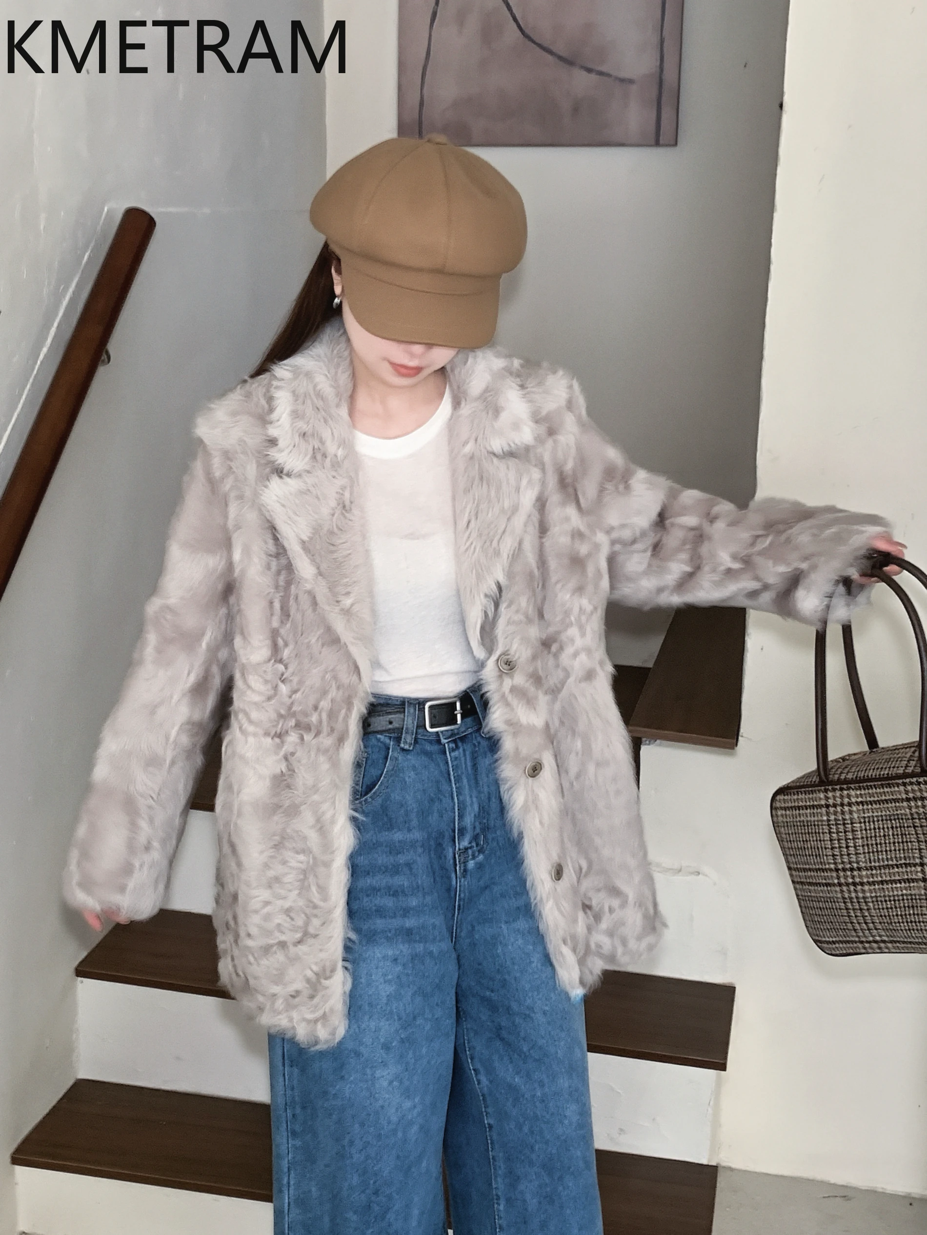 KMETRAM Natural Wool Sheepskin Double Faced Fur Coat Woman High Quality Reversible Real Fur Suit Jacket 2025 Winter Clothes шуба