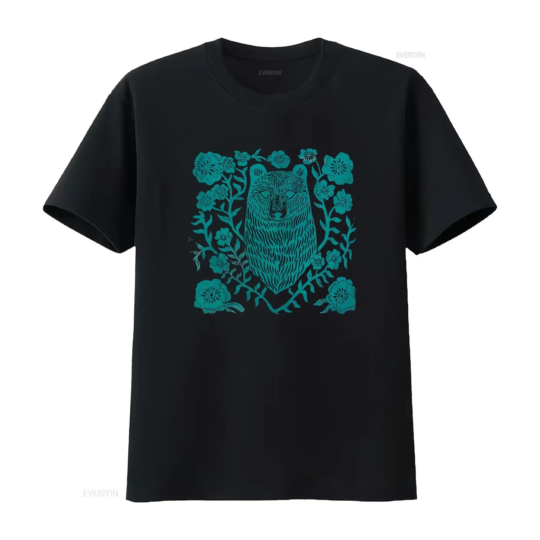 Turquoise Bear Flower T Shirt Rustic Faded Linocut Design Block Bohemian Hippie Yoga Apparel Woodland vintage Washed Versatile