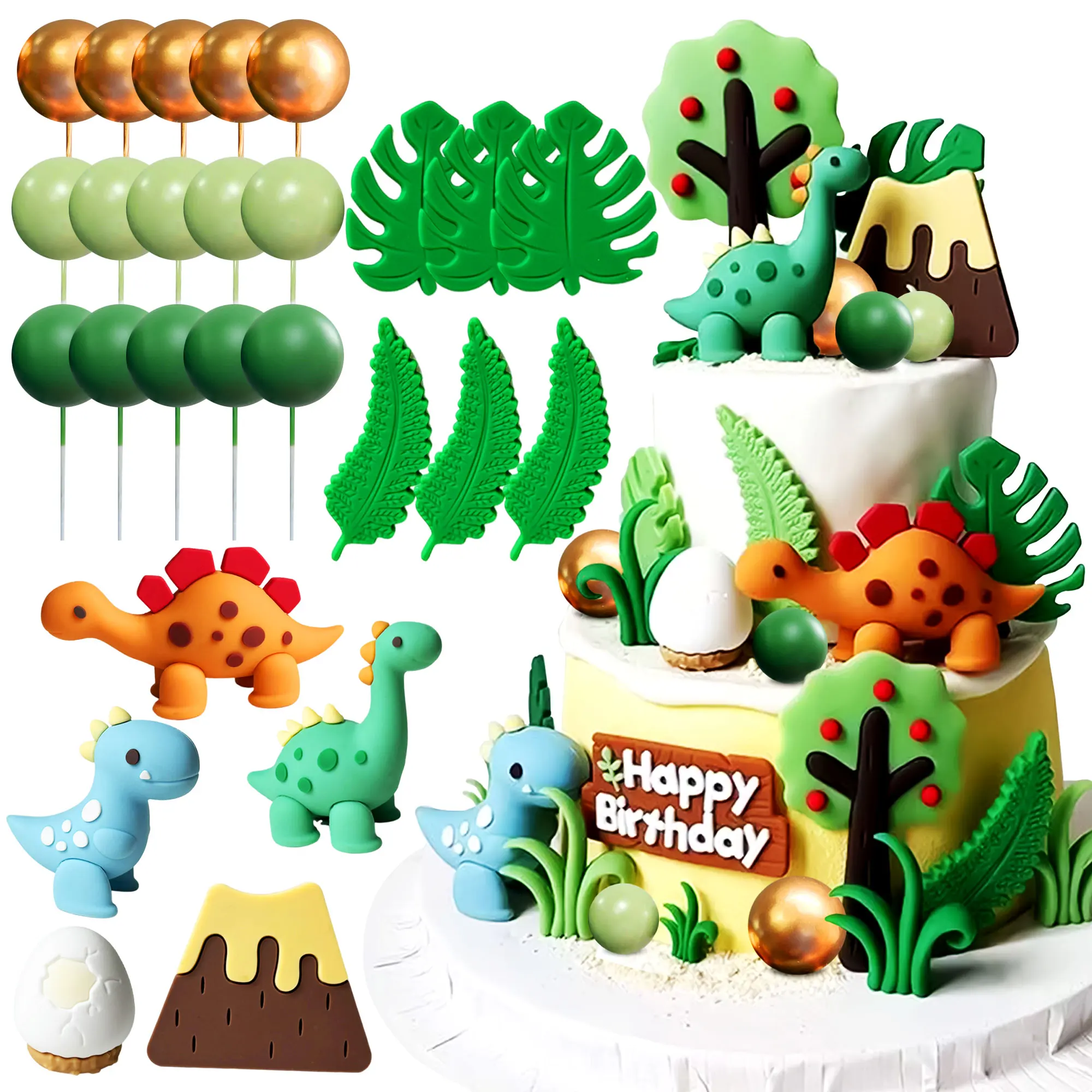 LaVenty Luxury Little Dinosaur Cake Decorations Dinosaur Cupcake Topper Green Rex Three Dino Cake Toppers for Birthday Supplies