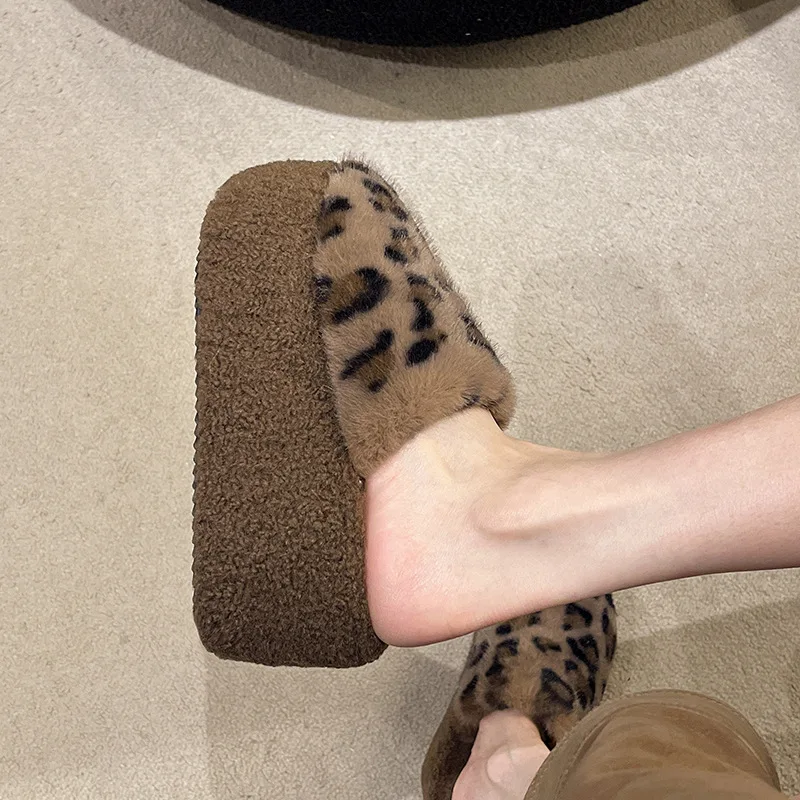 Flock Flat Shoes Female Slippers Heels High Short Plush Rubber Totem with High-Heeled Shoes Lady Slippers Flat Flock Totem Rubbe