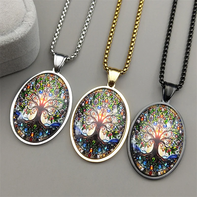 

Tree Of Life Pendant Necklace For Women Men Stainless Steel Gold Color Glass Plant Faith Love Chain Male Jewelry Accessory