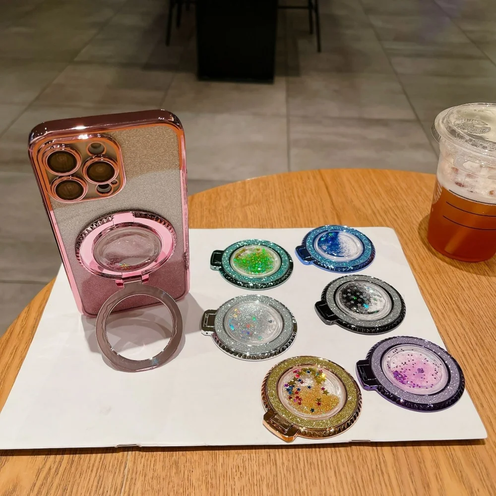 Fashion Liquid Glitter Bling Quicksand Plating Finger Ring Holder Mobile Phone Stand 360 Rotating For IPhone 16 Xiaomi Samsung