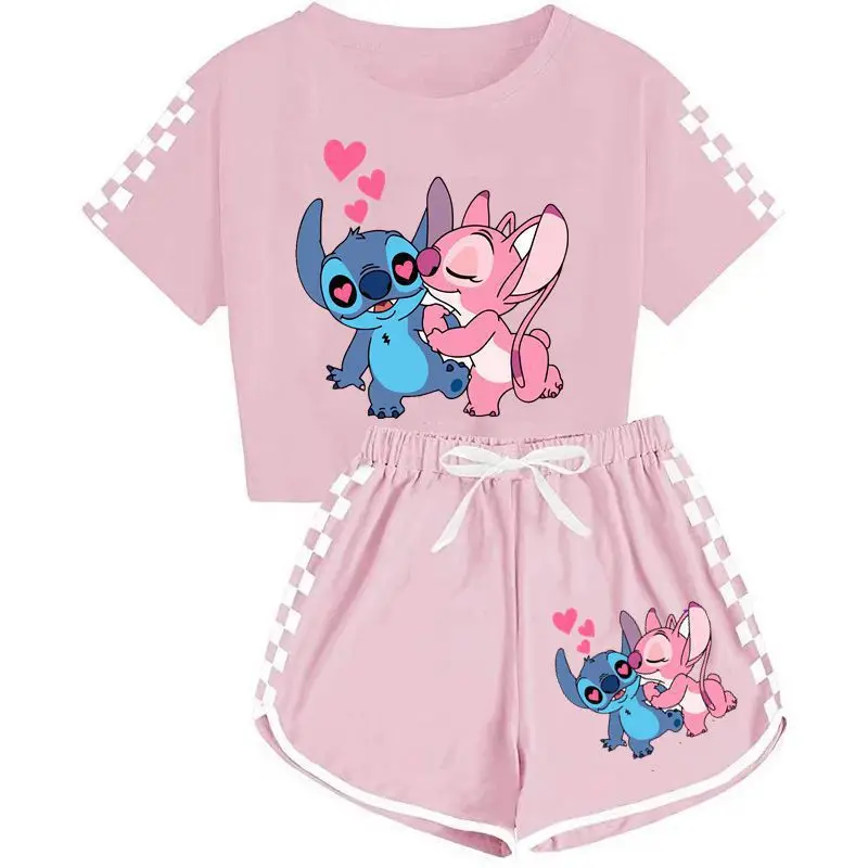 Stitch T-shirt Zestaw szortów Disney Kids Anime Kawaii Ubrania Dzieci Letnia piżama Dziewczynka Chłopiec Sportowe koszulki Spodnie Krótki rękaw