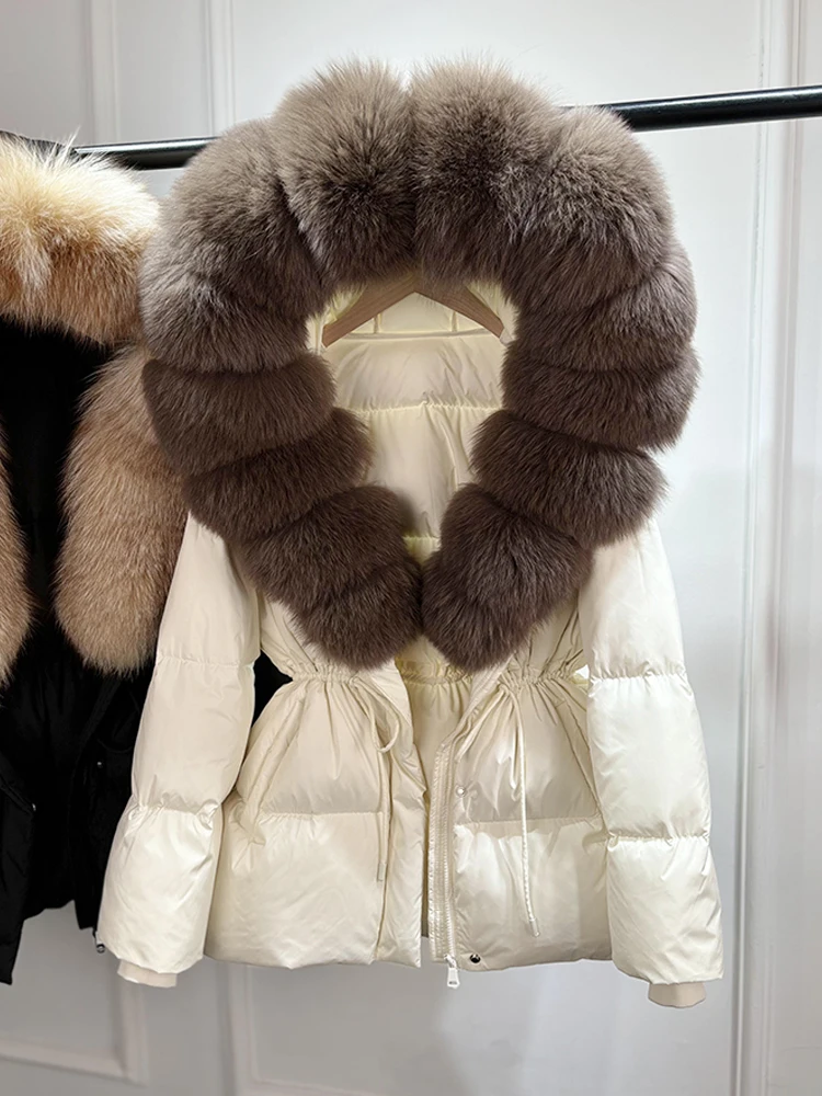 2026 New Winter Real Natural Fox Fur Collar Thick Wam Puffer Jacket Women Hooded Belt Slim White Duck Down Coat Waterproof Parka