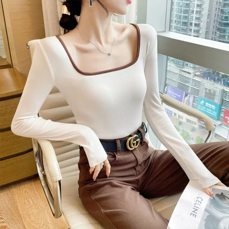 Threaded Square Neck Long Sleeve T-shirt Women Inner Outer Wear Fleece Warm Slim Bottom Shirt Winter Slim Tops