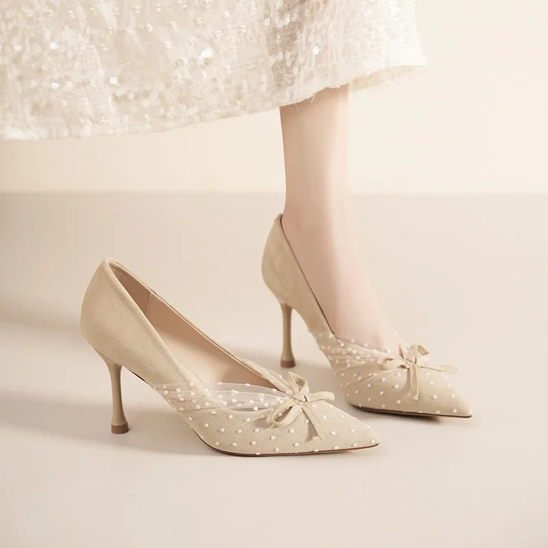

2026 Women's Khaki Mesh Bow High Heels Pointed Toe Wedding Party Shoes Comfortable Dress Shoes for Women Q-777