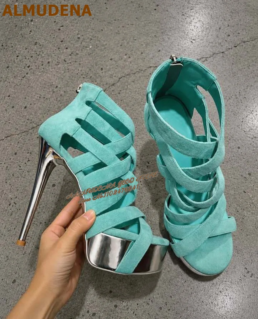 Hot Pink Suede Cross Strap Hollow Out Sandals Silver Stiletto Heels Platform Caged Dress Shoes Network Zipped Gladiator Sandals