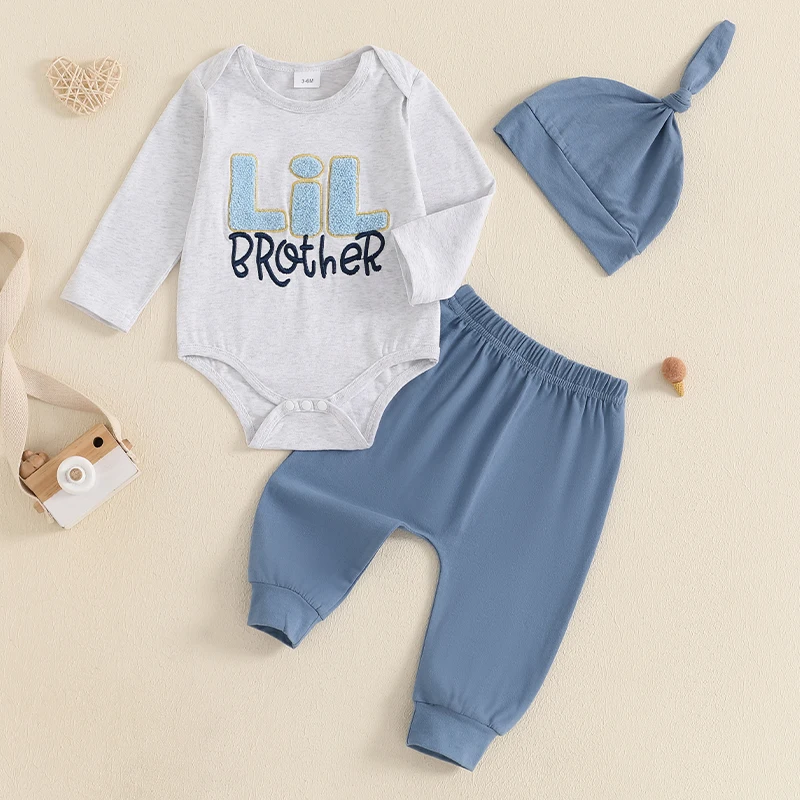 Lioraitiin Roupa para menino recém-nascido com letras bordadas, macacão de manga comprida, calças de cintura elástica, chapéu com nó, conjunto de 3 peças