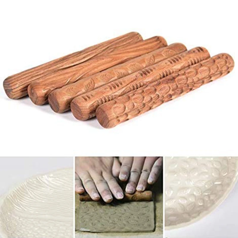 Wood Hand Rollers For Clay Stamp Clay Pattern Roller Ceramic Tools Carved Texture Printing Mud Rolling Embossed Pattern