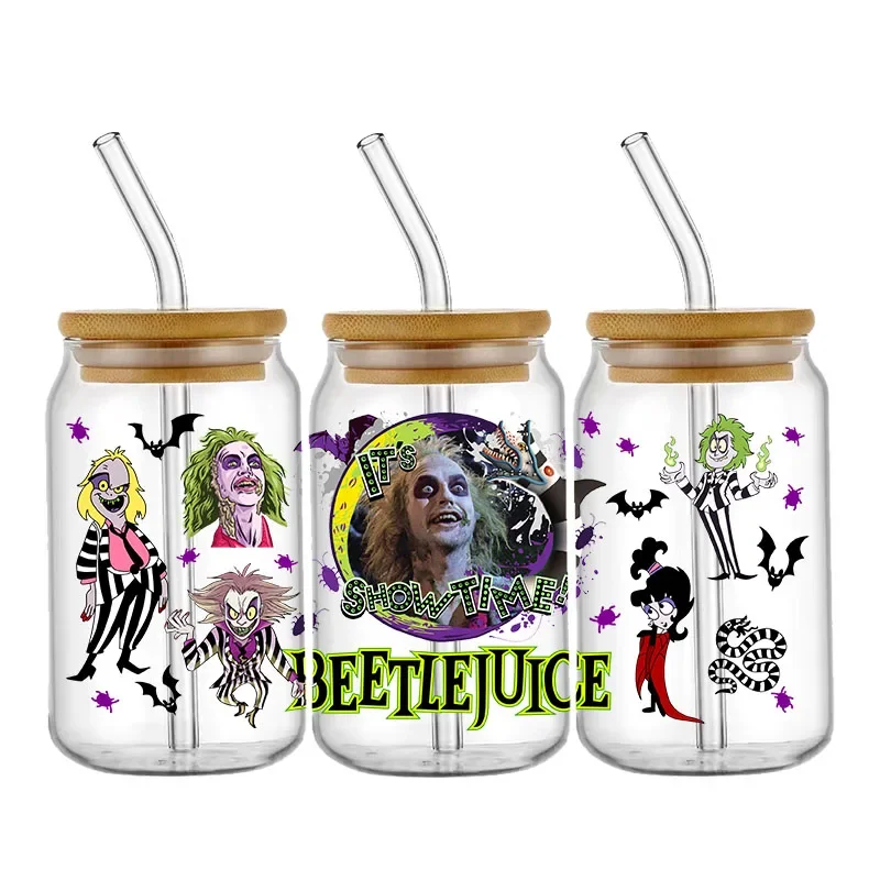 Filme dos desenhos animados beetlejuice adesivos 16oz uv dtf copo envoltório para garrafa pode auto-adesivo personalização fina adesivos personalizados