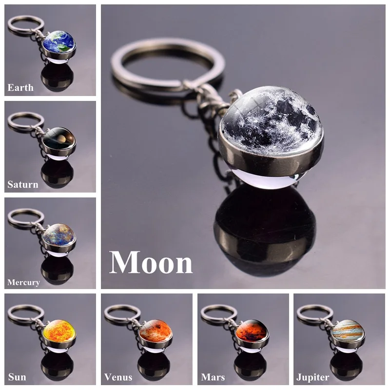 Solar System Planet Keyring Galaxy Nebula Space Moon Earth Sun Art Double Side Glass Ball Bag keychain Ornament Gift for Friend