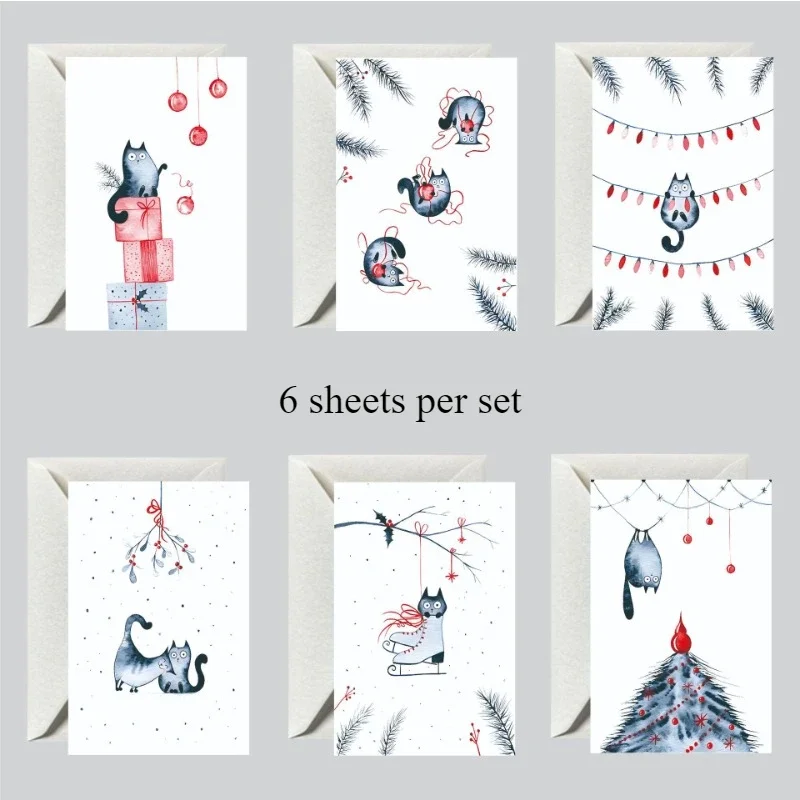6 Sheets Per Set Wordless Creative Theme Card Set Fun Kitten Universal Folding Handwritten Blessing Greetings Card 10x15cm