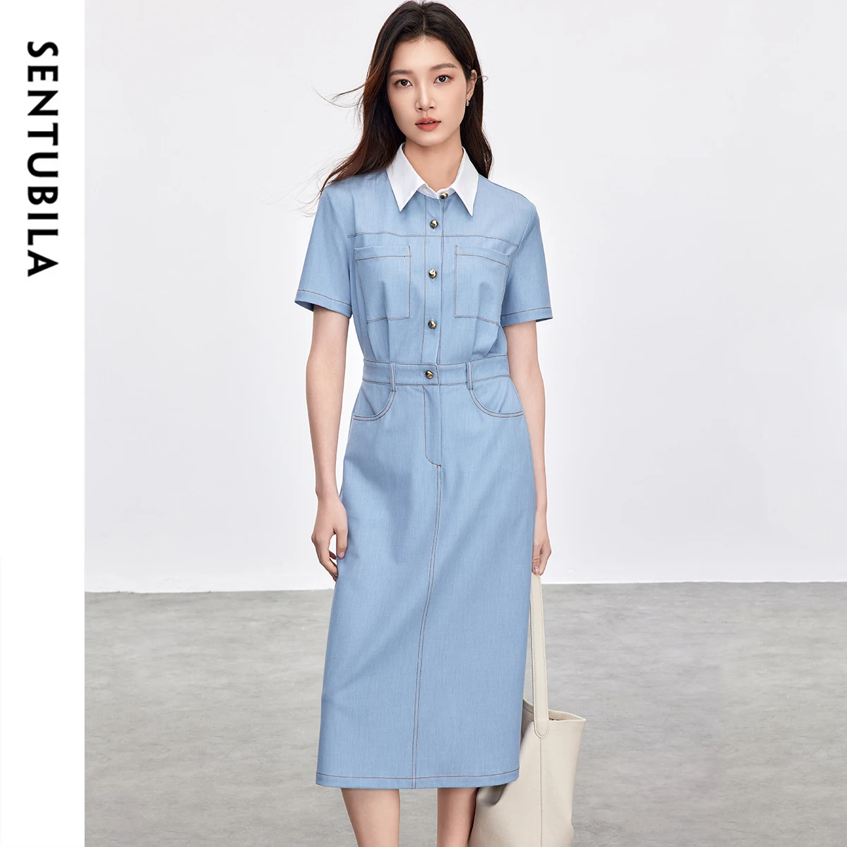 

SENTUBILA New Blue Long Dress 2025 Summer Dress Women's A-line Retro Splicing Collar Irregular Button Beach Dress 152187850