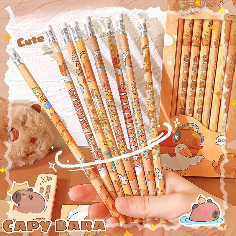 8 unids/caja de lápiz de capibara bonito de dibujos animados Kawaii HB, artículos de dibujo para bocetos, papelería para estudiantes, suministros escolares y de oficina, regalos para niños