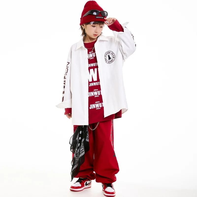 Children's Hip-Hop Costume Street Dance Clothing Autumn Winter White Long Sleeved Loose Suit Boys' Performance Outfits DN19144