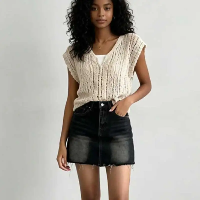 Hollow out Knitted Vest Summer Beach Bikini Cover Up Trendy Women's Outerwear Sweet Korean Top Ins Hollow out tanktop