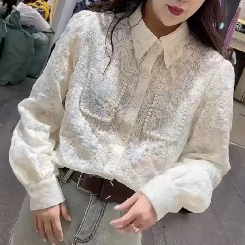 Beads Stitch Lace Embroidery Shirts and Blouses For Women Spring 2024 New Long Sleeve Solid Beige Top Blusas Korean Clothes