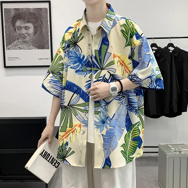 2024 Summer Thin Shirts For Men Short Sleeve Hawaiian Beach Shirt Fashion Print Male Casual Loose Tops Turn-down Collar Blouses