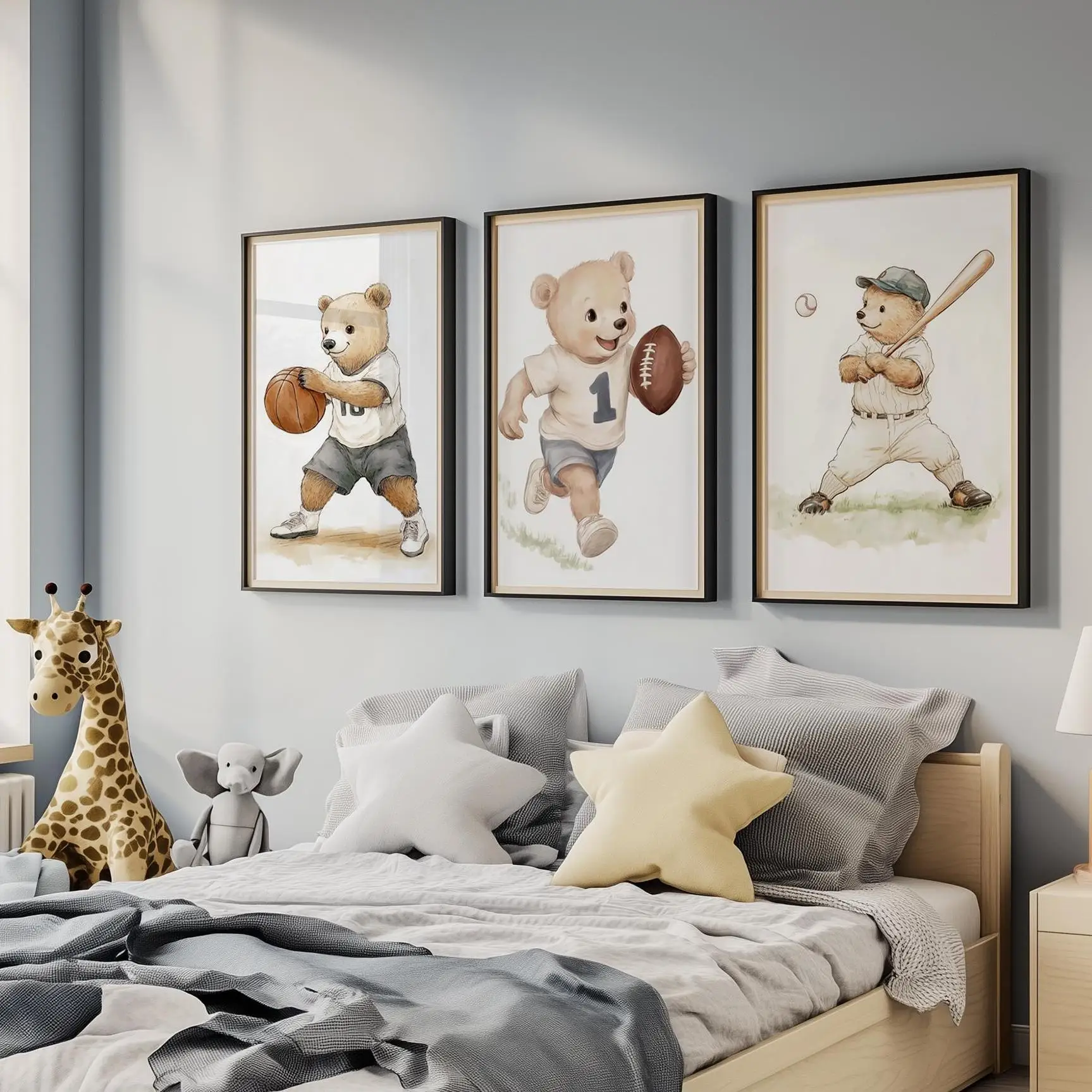 Watercolor Cute Animal Teddy Bear Sports Basketball Posters and Prints Canvas Printing Wall Art Picture for Living Room Decor