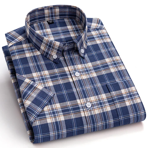 Imagen 2 del producto Camisas Oxford de algodón puro 100% para hombre, camisa de vestir Formal de corte Regular suave a cuadros de manga corta, blusa Social, ropa masculina 6XL 7XL