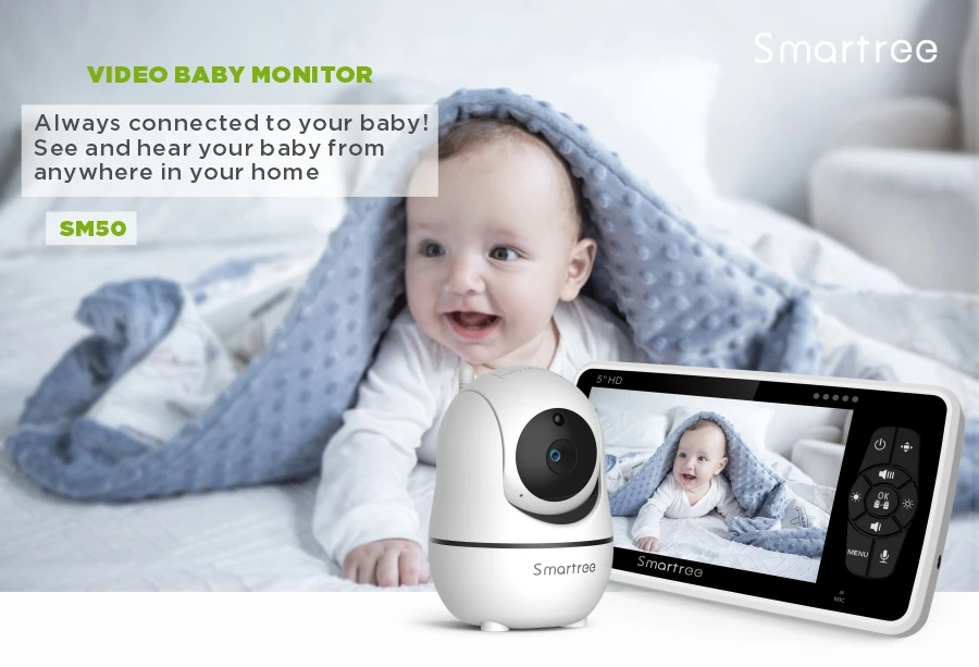 Smartree 5'' 720P HD Baby Monitor ECO BabyPhone Pan Tilt Two Way Audio Night Vision Music Player 4000mAh Battery 12 Hours SM50