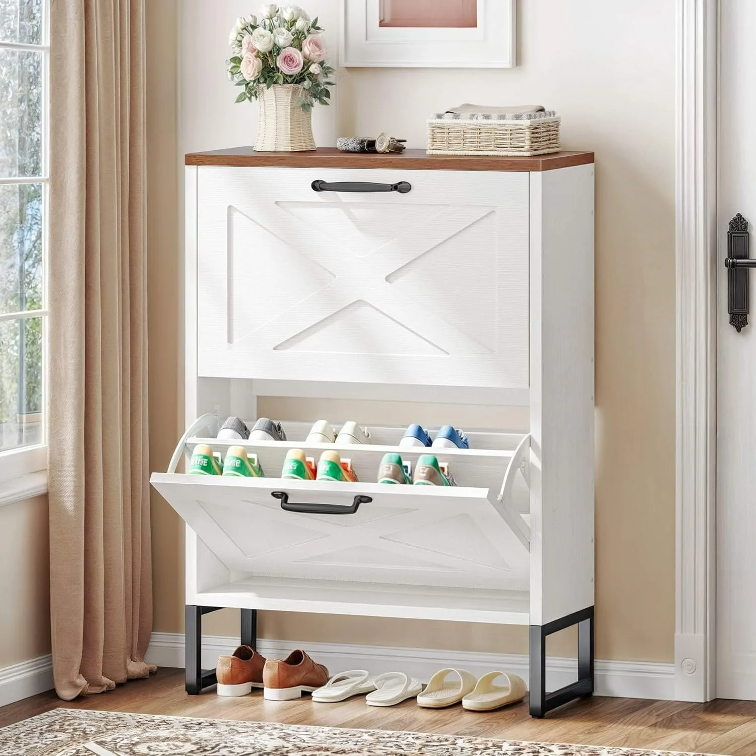 

2 Flip Drawers Freestanding Shoe Organizer with Metal Legs, Narrow Shoe Storage Rack Cabinet, White