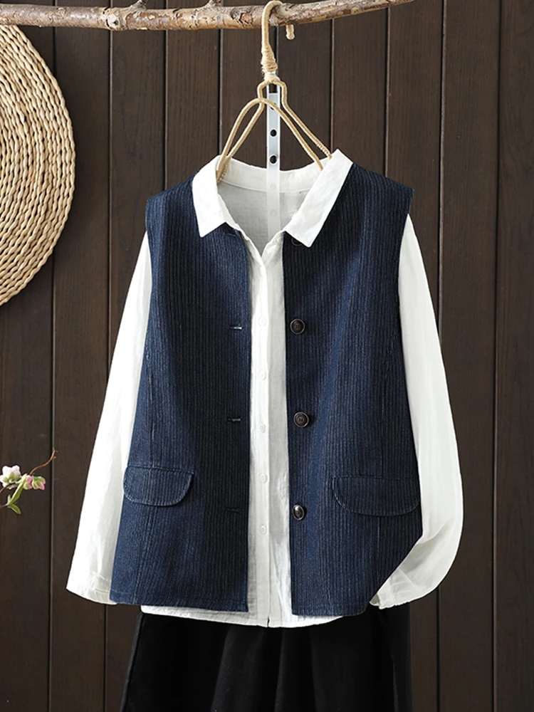 

Retro Japanese Sle Loose Blue Denim Vest Women's Spring Casual Svel Layering Outerwear Button round Ne Coat