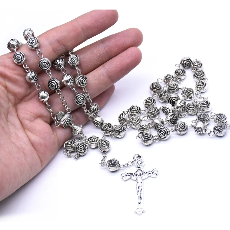 Catholic Rosary Necklace Plastic Rose Flowers Bead Cross Crucifix Pendant Vintage Religious Jewelry for Women Meditation