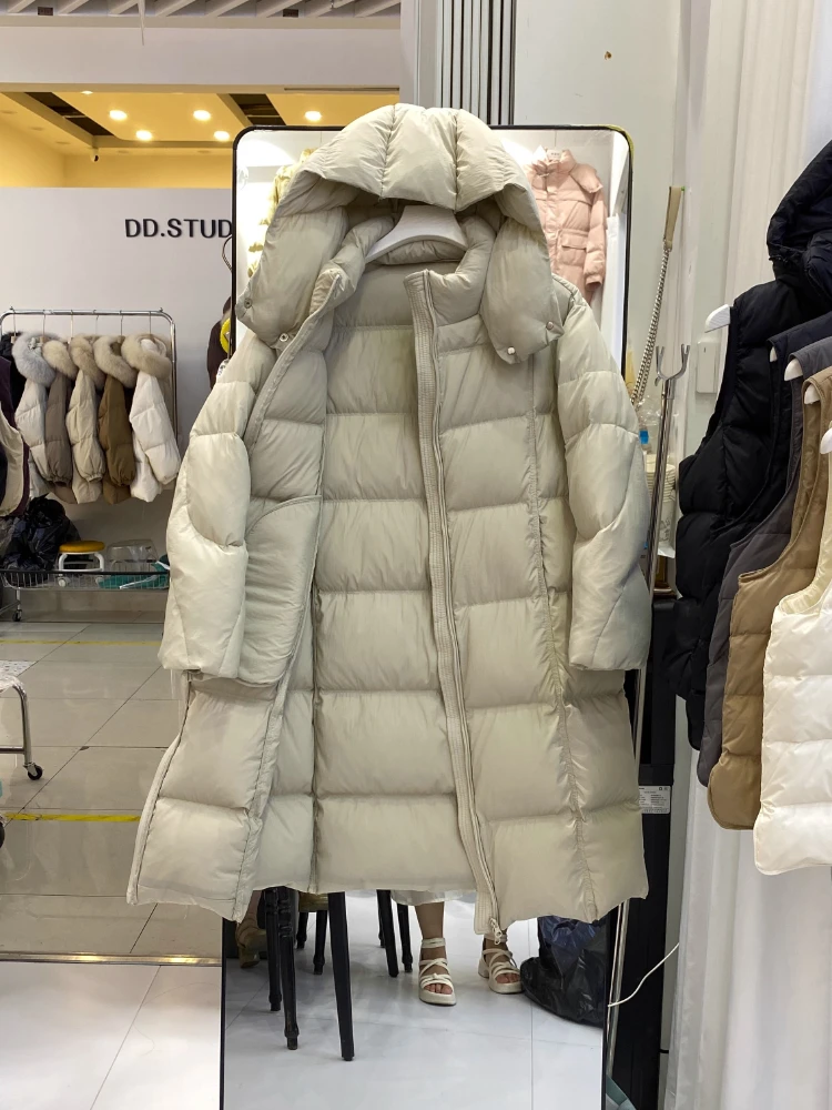 여성용 푹신한 다운 재킷 겨울 롱 후드 파카 2025 신상 두꺼운 따뜻한 루즈핏 오버사이즈 솔리드 컬러 90% 화이트 덕다운 푸퍼 코트