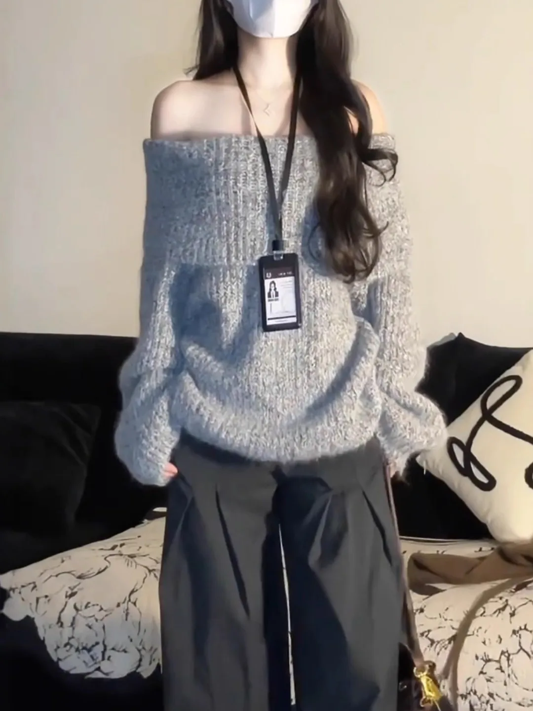 

ay Off-oulder Oversized Knit Sweater Women's Autumn Winter Lazy Sle Loose Knitted irt Ele Small Figure One-ould...