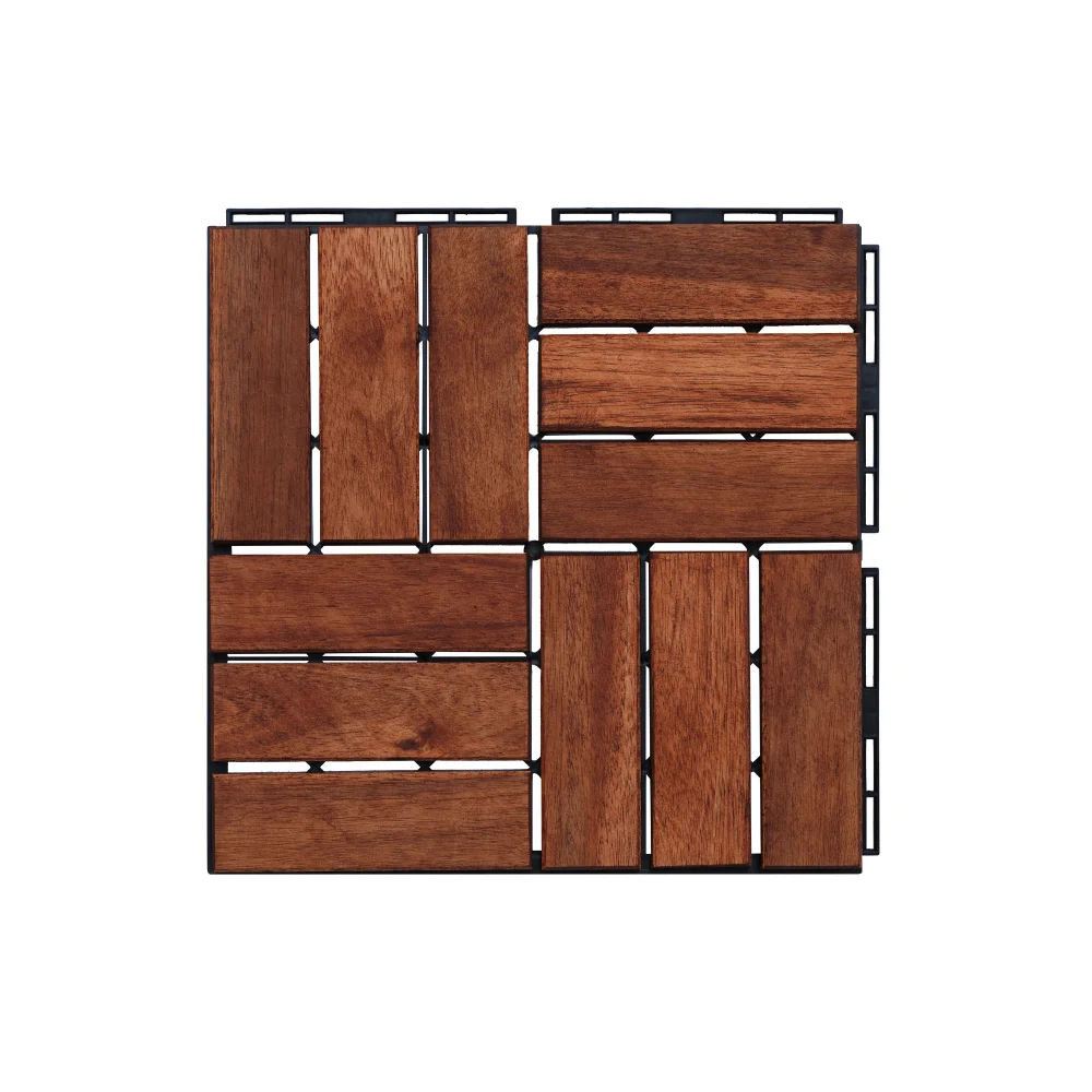 Acacia Wood Interlocking Deck Tiles Checker Pattern 12"x12" Brown Hardwood Flooring for Patio Balcony Poolside
