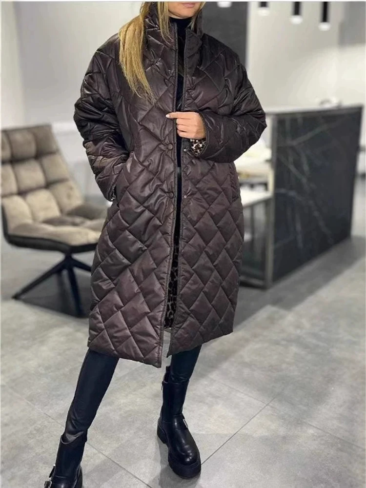 

Flip collar fashionable casual coat loose warm surface shiny coat winter new long diamond grid cotton coat