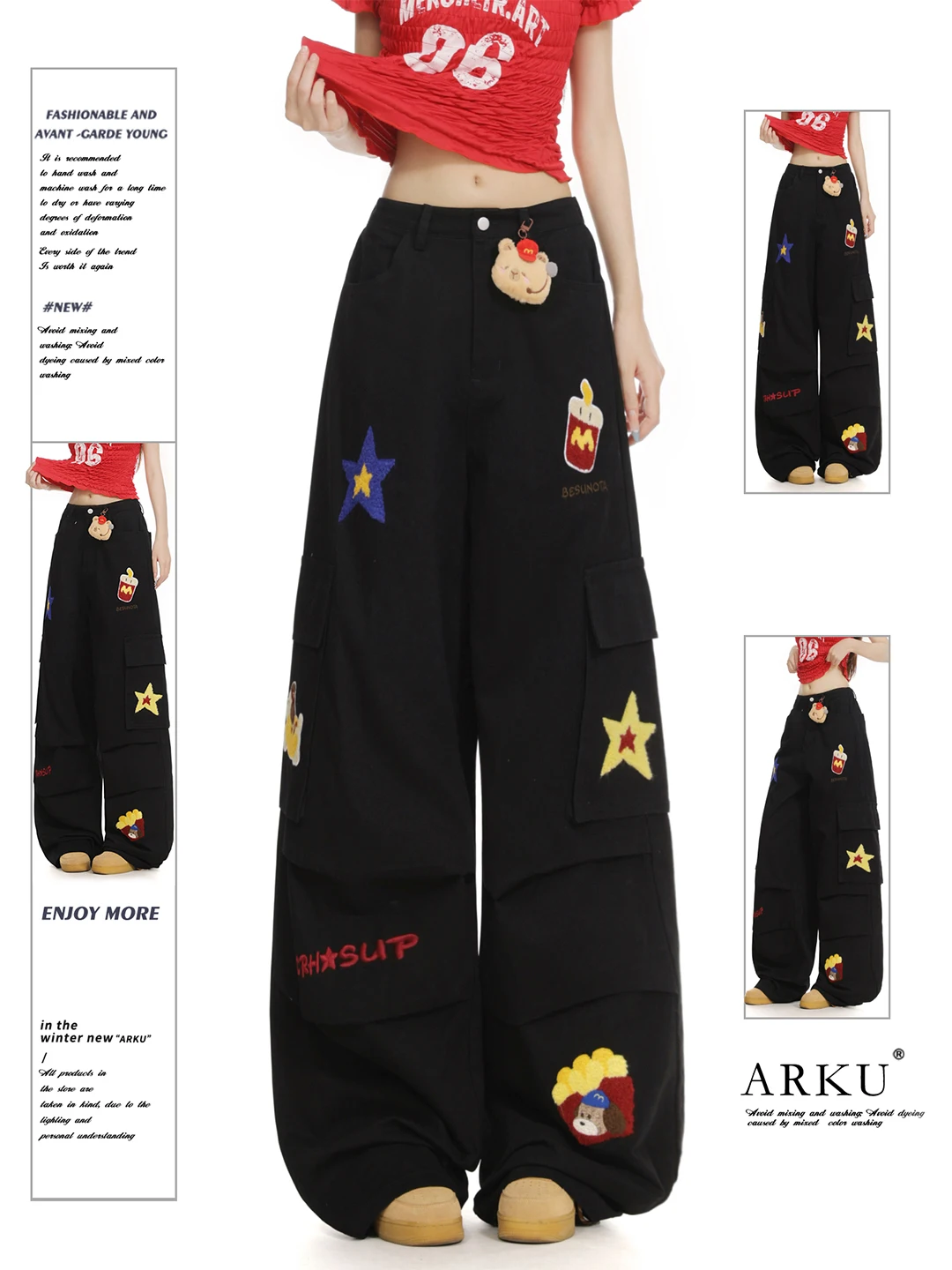 Pantaloni da lavoro Bla da donna primavera autunno pantaloni larghi pieghettati sottili a gamba larga dritti pantaloni casual ricamo asciugamano cartone animato