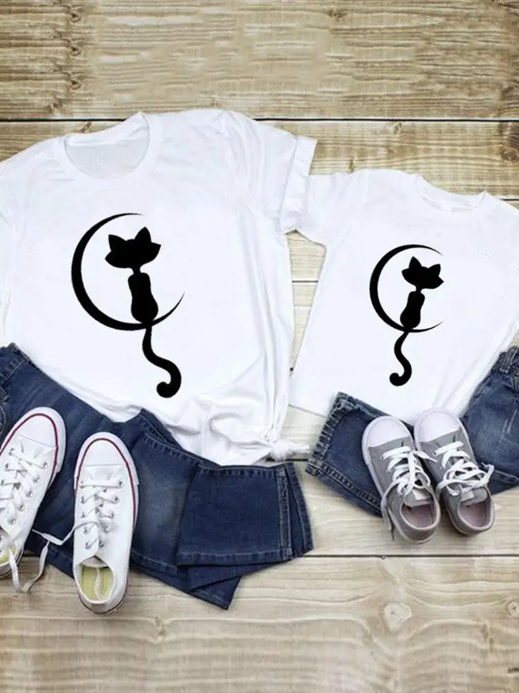 

Tee Family Matching Outfits Cat Love Sweet New Women Kid Child Summer Mom Mama Mother Graphic T-shirt Clothes Clothing