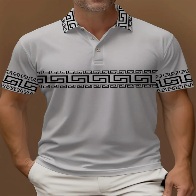 

Full set of fun cartoon characters printed on men's casual and fashionable short sleeved polo shirt Royaura retro geometric stri