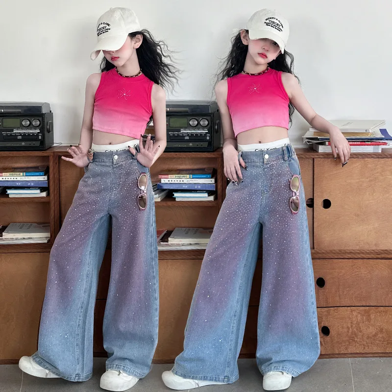 

teen Girls jeans 2025 gradient hot stamping wide leg pants junior kids girl stylish straight leg trousers Pink top child outfits