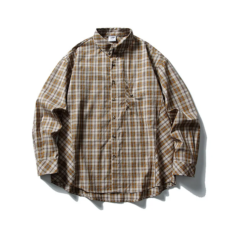 

Осенняя рубашка для пар, мужская уличная одежда, свободные повседневные рубашки в клетку большого размера с длинными рукавами, японские модные блузки Cityboy