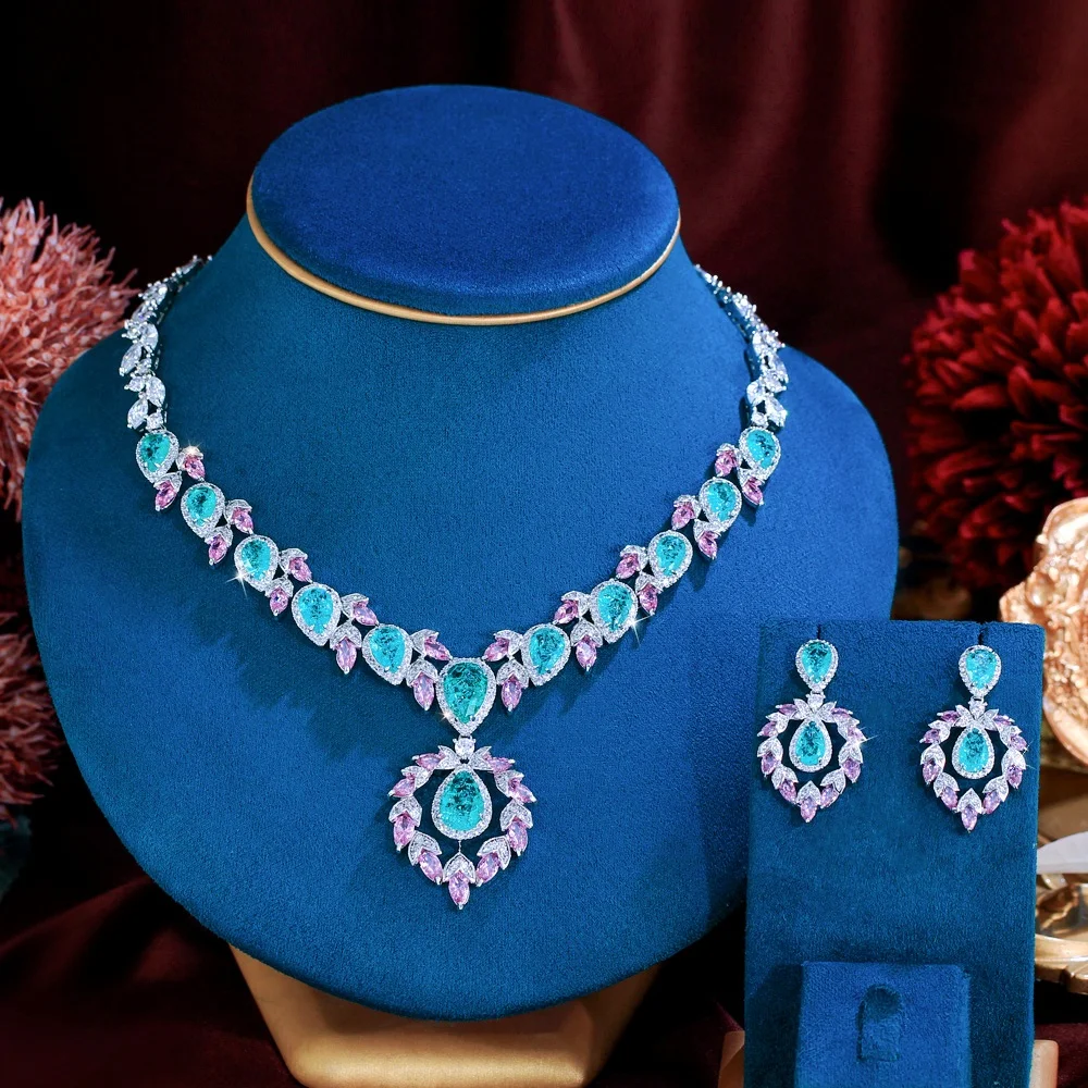 

Pera Luxury Shiny Green&Pink CZ Bridal 2pc Jewerly Sets for Women Big Water Drop Pendant Necklace Earring Wedding Party Set J007